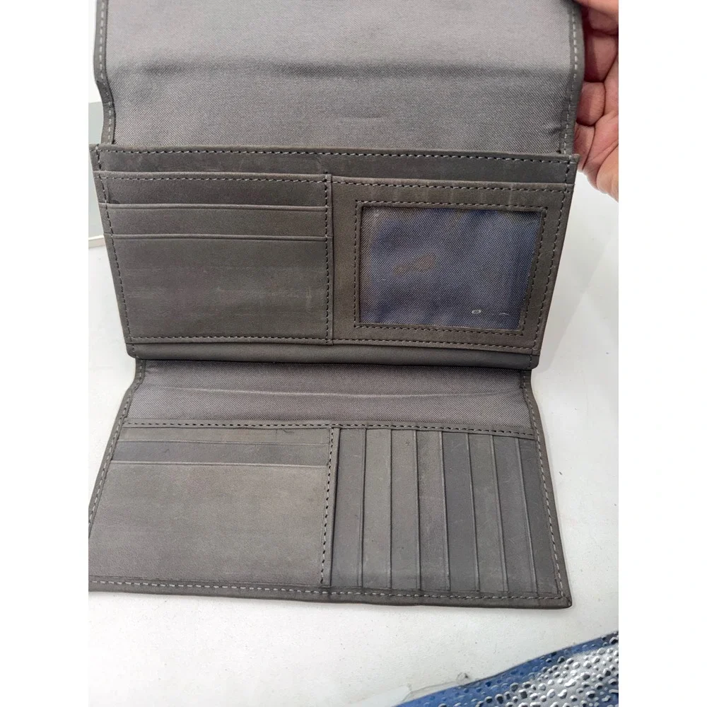 Timberland Womens Genuine Leather Trifold Clutch Wallet Gray Tree Logo Emblem